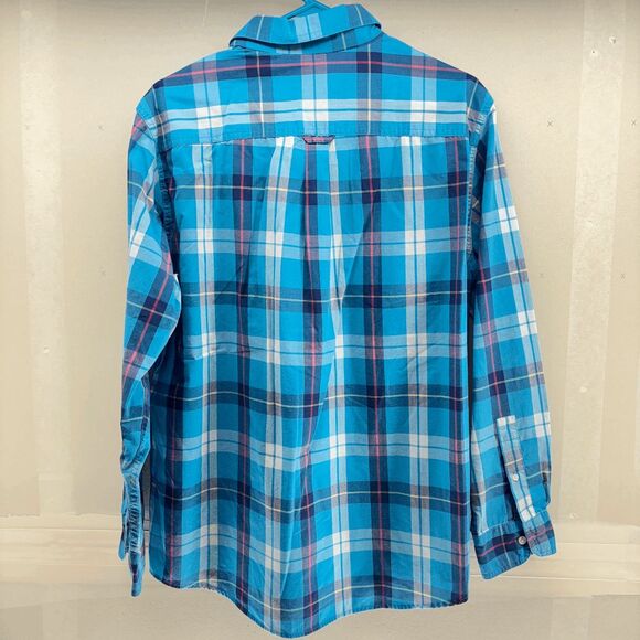 Chaps Easy Care Long Sleeve Mens Large Blue White Plaid Poplin Button up Shirt - Picture 2 of 3